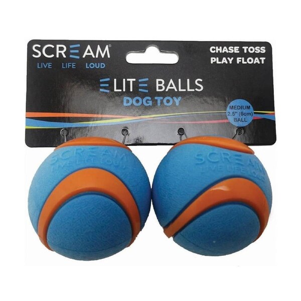 Scream Elite Balls Interactive Dog Toy Loud Blue & Orange Medium 6.5cm 2 Pack