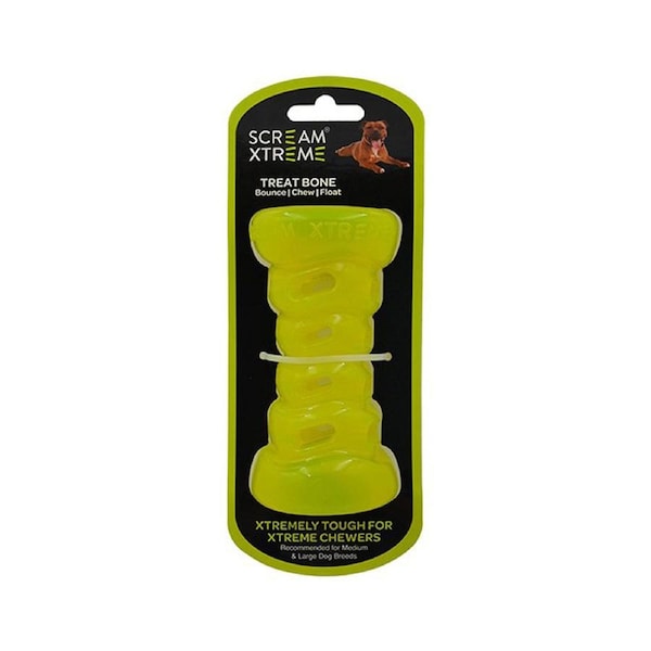 Scream Xtreme Treat Bone Treat Dispensing Dog Toy Loud Green Medium/Large 13cm