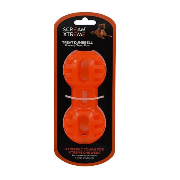 Scream Xtreme Treat Dumbbell Treat Dispensing Dog Toy Loud Orange Med/Lge 14cm