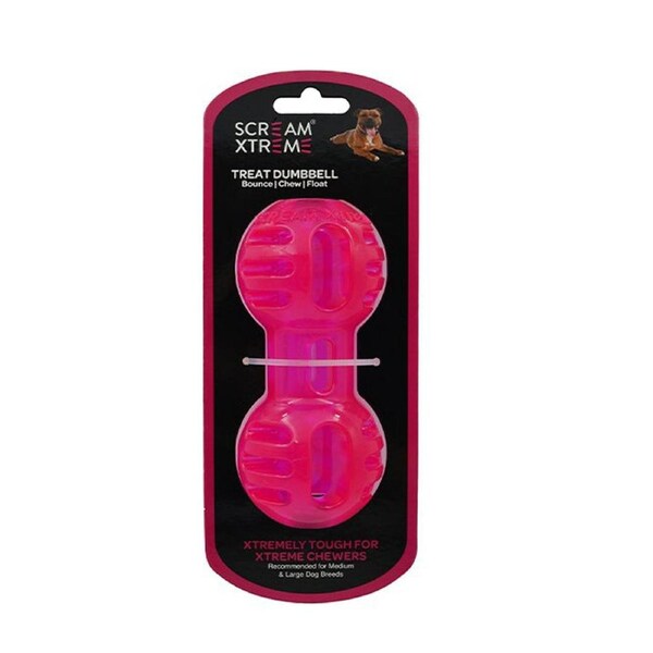 Scream Xtreme Treat Dumbbell Treat Dispensing Dog Toy Loud Pink Med/Lge 14cm