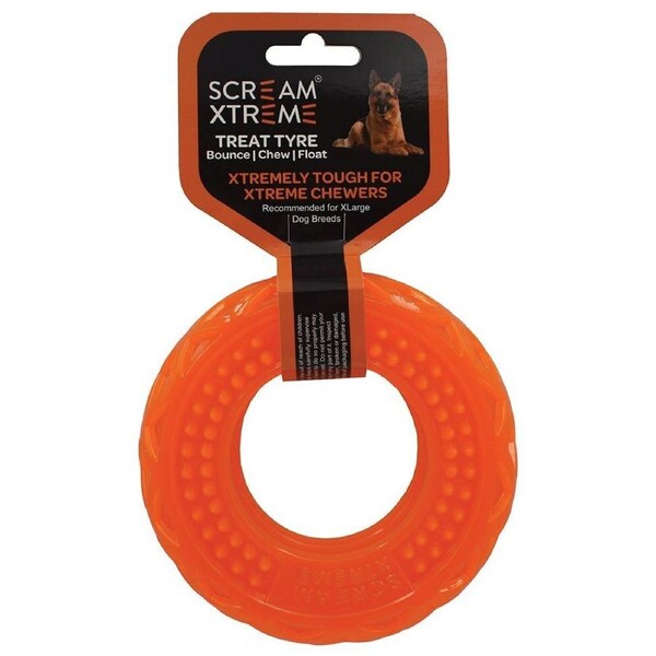 Scream Xtreme Treat Tyre Dog Chew Toy Loud Orange XL