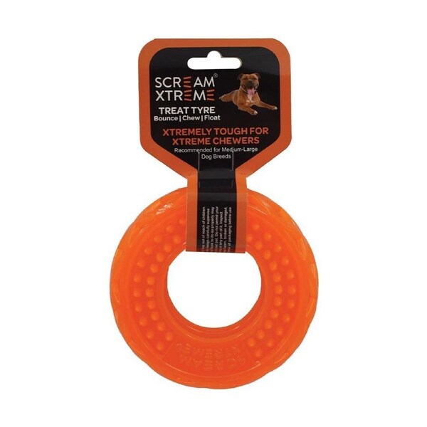 Scream Xtreme Treat Tyre Dog Chew Toy Loud Orange Medium/Large