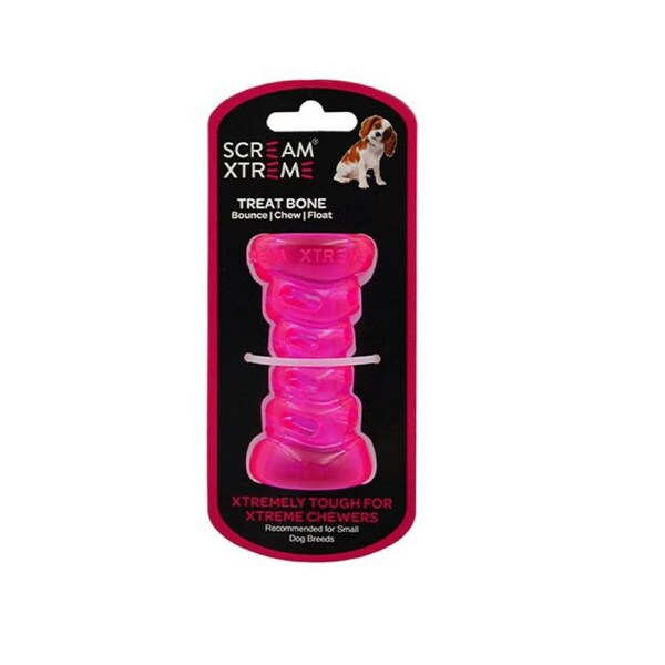 Scream Xtreme Treat Bone Treat Dispensing Dog Toy Loud Pink Small 9cm