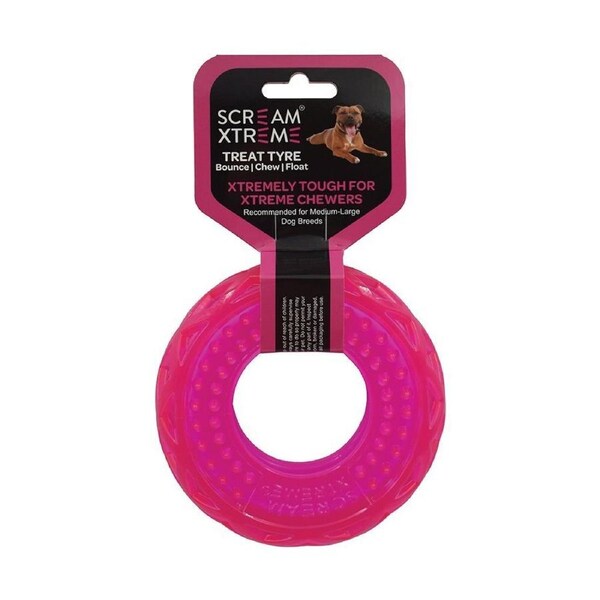 Scream Xtreme Treat Tyre Dog Chew Toy Loud Pink Medium/Large