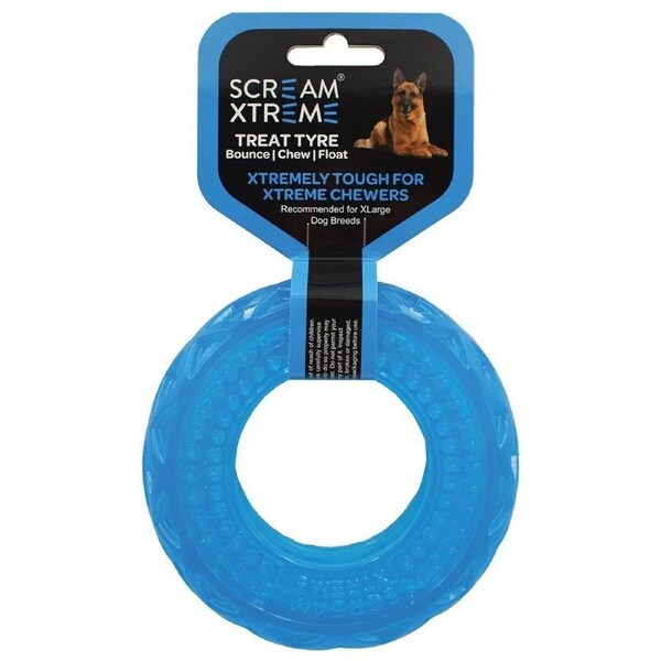 Scream Xtreme Treat Tyre Dog Chew Toy Loud Blue XL
