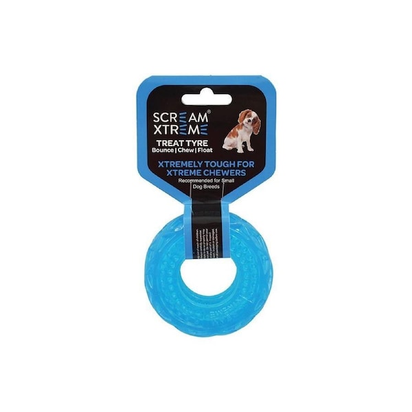 Scream Xtreme Treat Tyre Dog Chew Toy Loud Blue Small