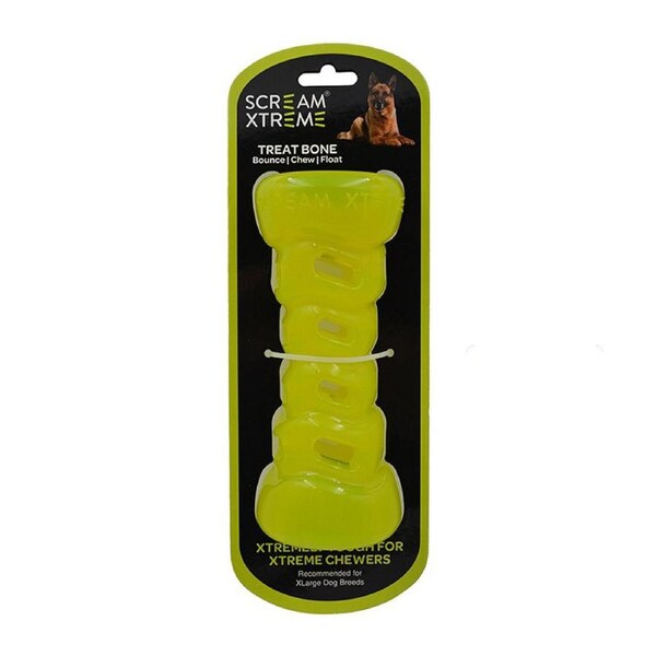 Scream Xtreme Treat Bone Treat Dispensing Dog Toy Loud Green XL 20cm