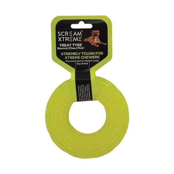 Scream Xtreme Treat Tyre Dog Chew Toy Loud Green Medium/Large