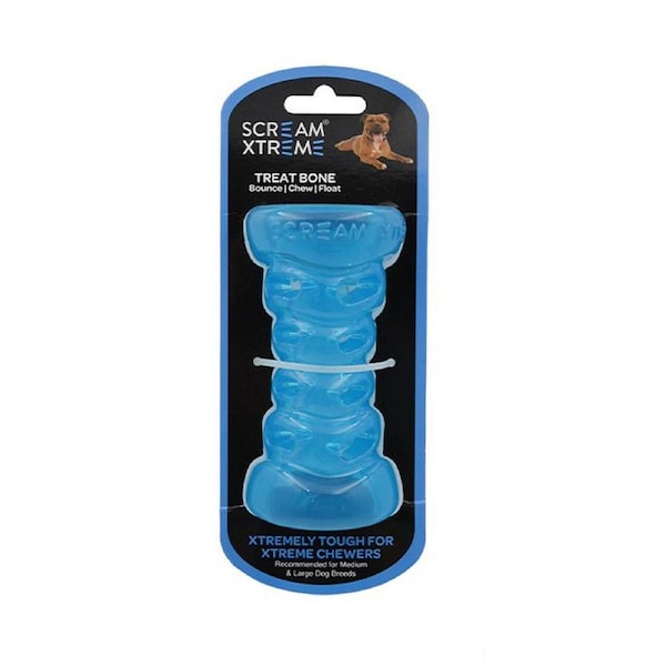 Scream Xtreme Treat Bone Treat Dispensing Dog Toy Loud Blue Medium/Large 13cm