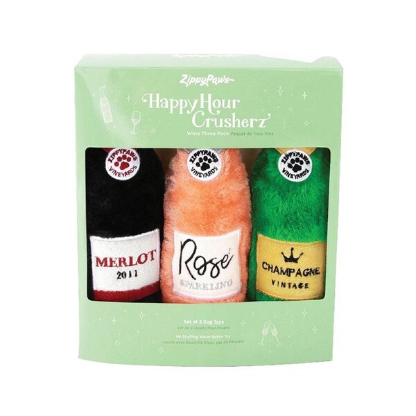 Zippy Paws Happy Hour Crusherz Wine Multi-Pack Pet Dog Squeaker Toy 3pk