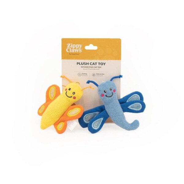 ZippyClaws Butterfly & Dragonfly Interactive Play Plush Pet Cat Toy 2 Pack
