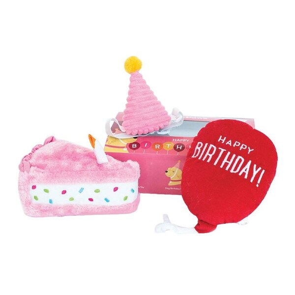 Zippy Paws Birthday Box Multi-Pack Plush Pet Dog Toy Pink 3 Pack