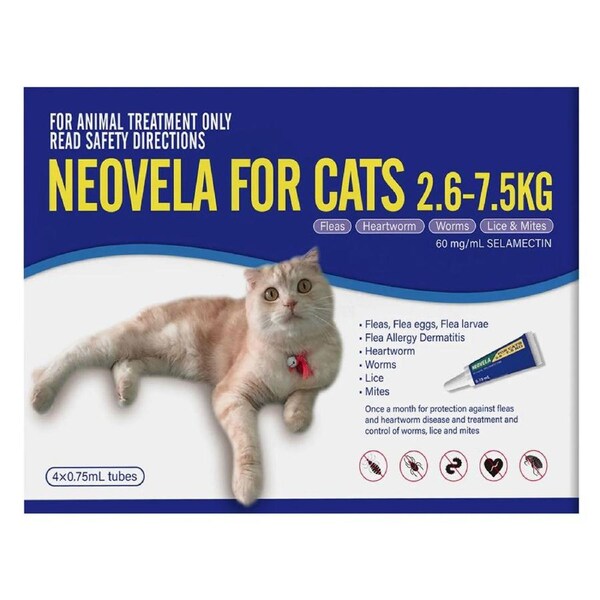 Neovela Spot-on Flea & Worm Treatment for Cats 2.6-7.5kg Blue 4 Pack