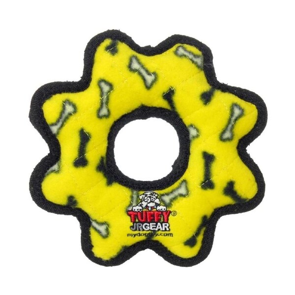 Tuffy Jr Gear Ring Interactive Play Pet Dog Squeaker Toy Yellow Bones