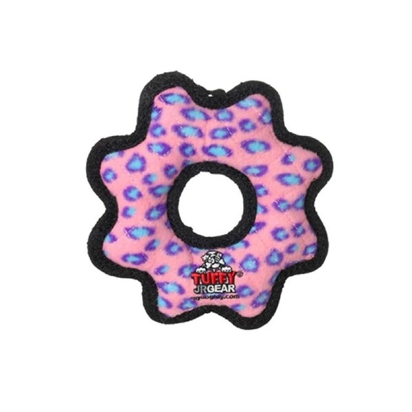 Tuffy Jr Gear Ring Interactive Play Pet Dog Squeaker Toy Pink Leopard