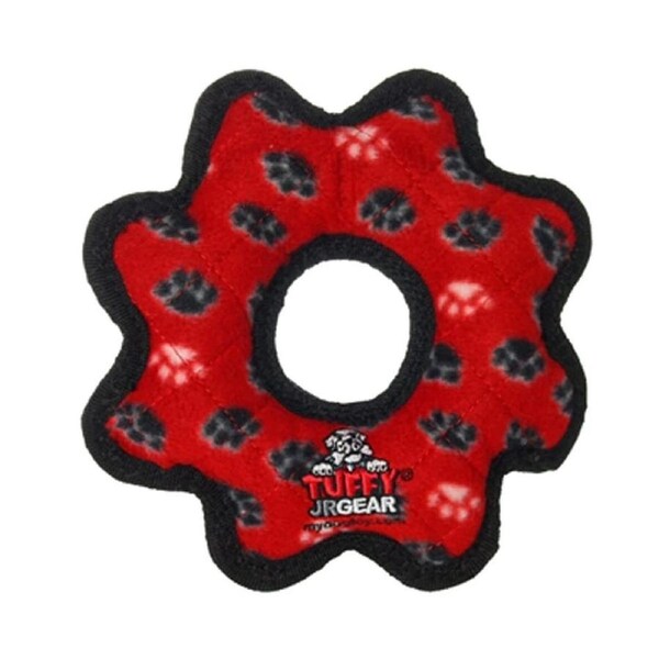 Tuffy Jr Gear Ring Interactive Play Pet Dog Squeaker Toy Red Paws