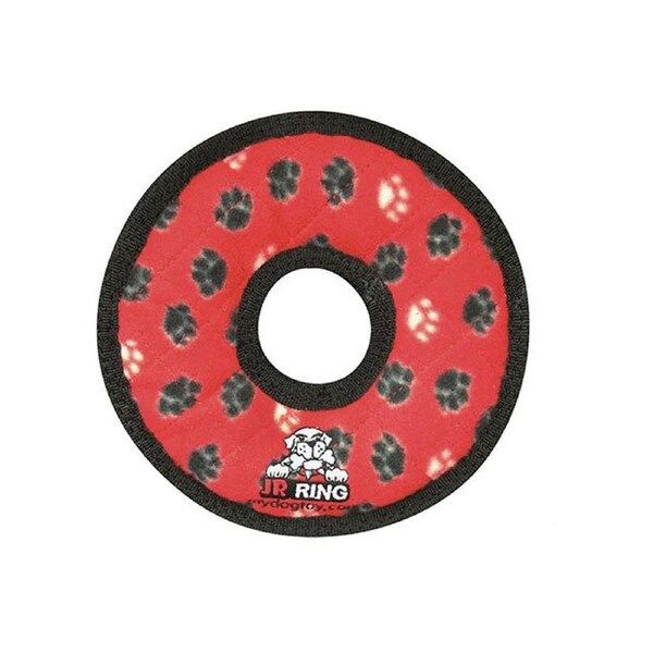 Tuffy Jr Ring Interactive Play Plush Dog Squeaker Toy Red Paw Print
