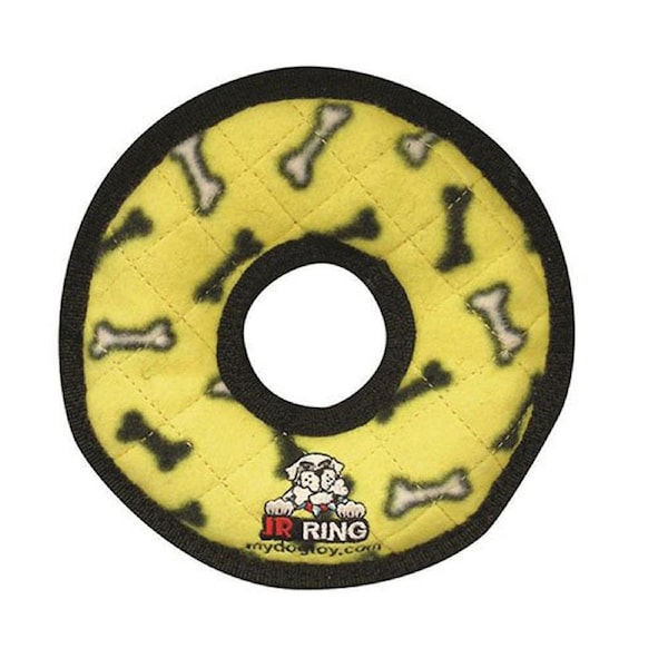 Tuffy Jr Ring Interactive Play Plush Dog Squeaker Toy Yellow Bone
