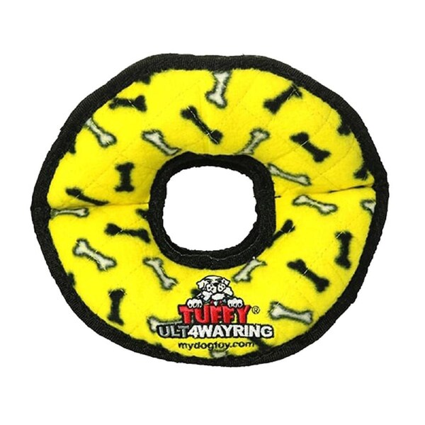 Tuffy Ultimate 4-Way Ring Interactive Play Dog Squeaker Toy Yellow Bones