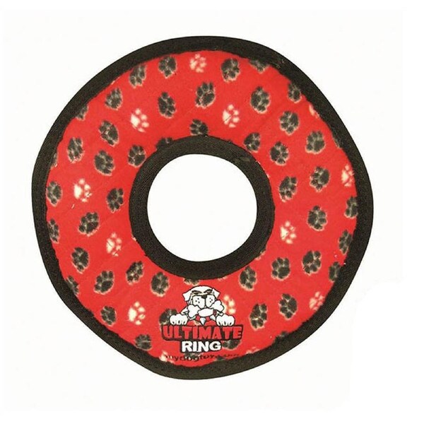 Tuffy Ultimates Ring Plush Dog Squeaker Toy Red Paws