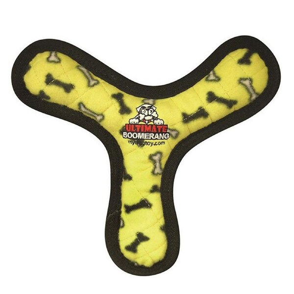 Tuffy Ultimates Bowmerang Plush Dog Squeaker Toy Yellow Bones