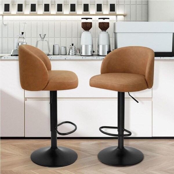 1 Set of 2 Levede Bar Stools Gas Lift PU Leather Swivel - Brown