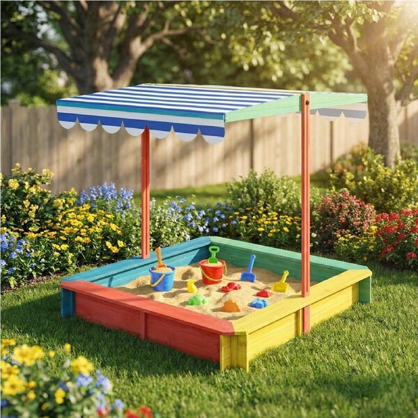 120cm x 120cm BoPeep Kids Sandpit with Adjustable UV-Resistant Canopy Outdoor