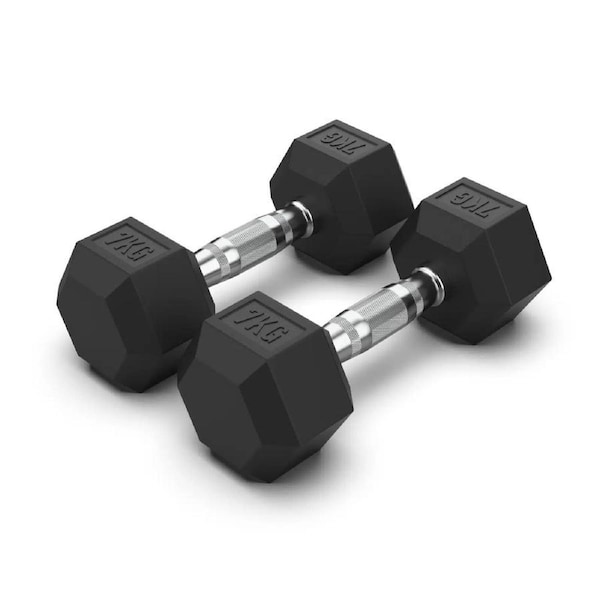 2 x 7kg Hex Rubber Coat Iron Dumbell Home Gym Strength Weight Commercial Grade