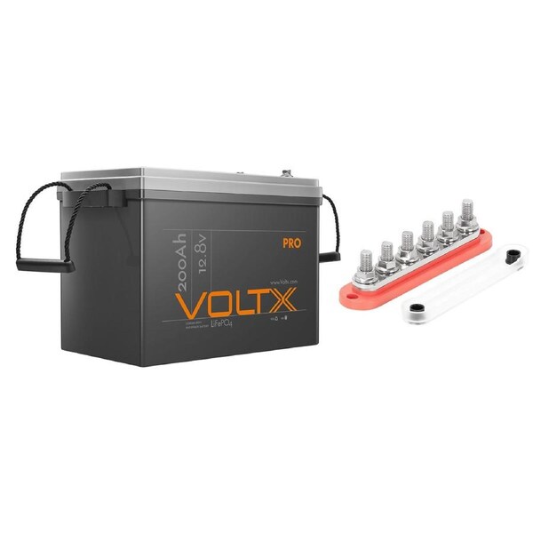 VoltX 12V 200Ah Lithium Battery + 6 GANG 300A BusBar Red