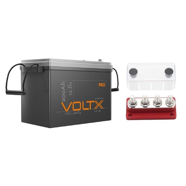 VoltX 12V 200Ah Lithium Battery + 4 GANG 300A BusBar Red