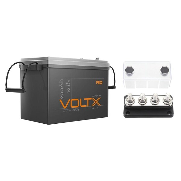 VoltX 12V 200Ah Lithium Battery + 4 GANG 300A BusBar Black