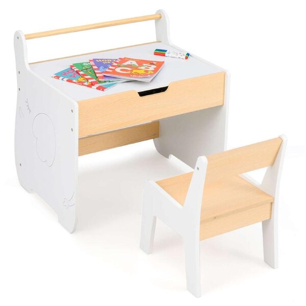 Costway 2 in 1 Reversible Table & Chair Set Wooden Writing Desk Study Bedroom w/Drawer Birthday Gift White