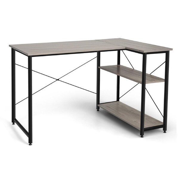 Costway L-shaped Corner Computer Desk Home Office Writing Desk w/Storage Shelves Grey