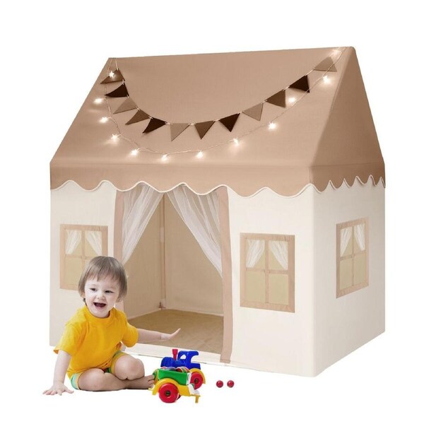Kids Play Tent Playhouse Childrens Playroom Princess Castle Indoor Outdoor House Activity Centre Toy Gift with Mat Star Lights Banner Door Windows