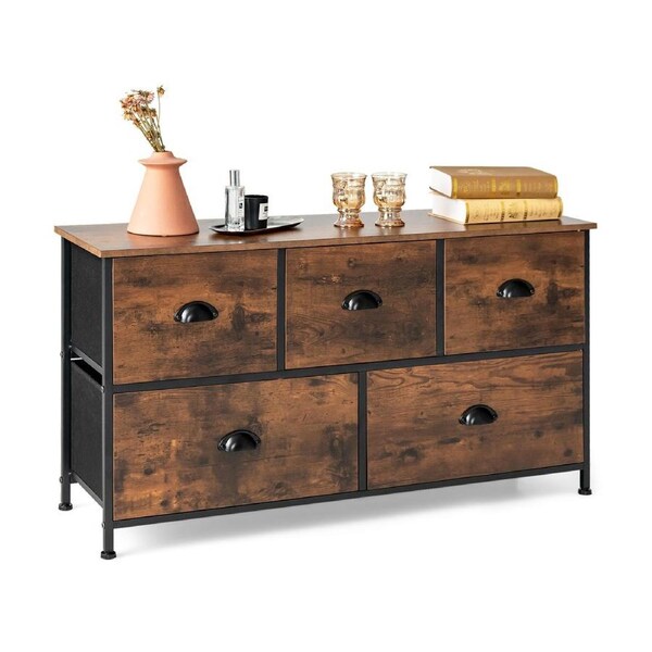 Costway 5 Fabric Drawers Tallboys Chest of Drawers Dresser Storage Cabinet Lowboy Living Bedroom Entryway