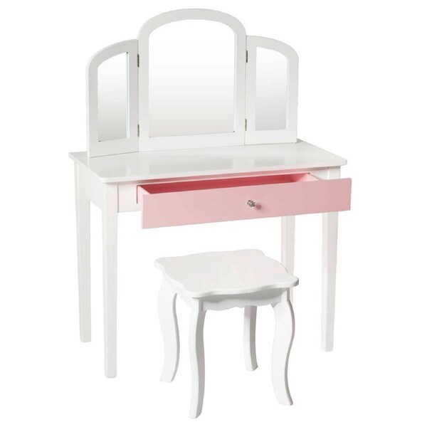Costway Makeup Dressing Table Stool Set Folding Mirror Princess Vanity Writing Desk Birthday Gift w/Drawer White
