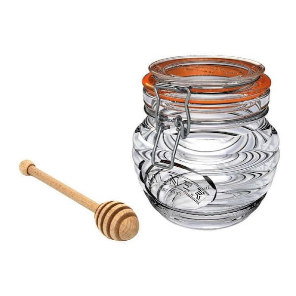2pc Kilner 400ml Glass Clip Top Honey Pot & Beechwood Spoon Drizzler Set Clear