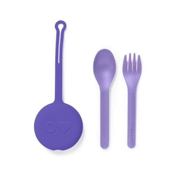 3pc OmiePod Reusable Silicone Cutlery Spoon & Fork Utensil w/ Storage Set Lilac