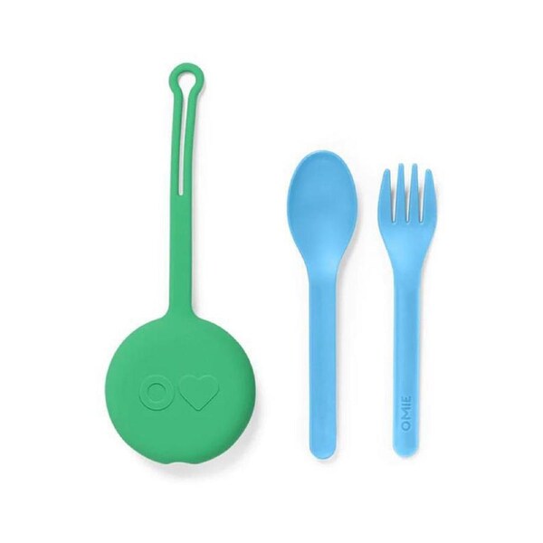 3pc OmiePod Reusable Silicone Cutlery Spoon & Fork w/ Storage Set Mint Green