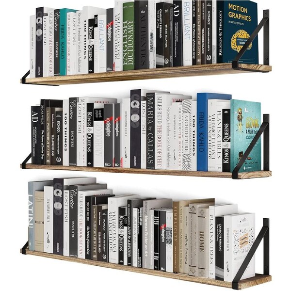 DelSol Set of 3 Floating Shelves Wall Mounted Storage Rustic Wood Display Rack Bookshelf