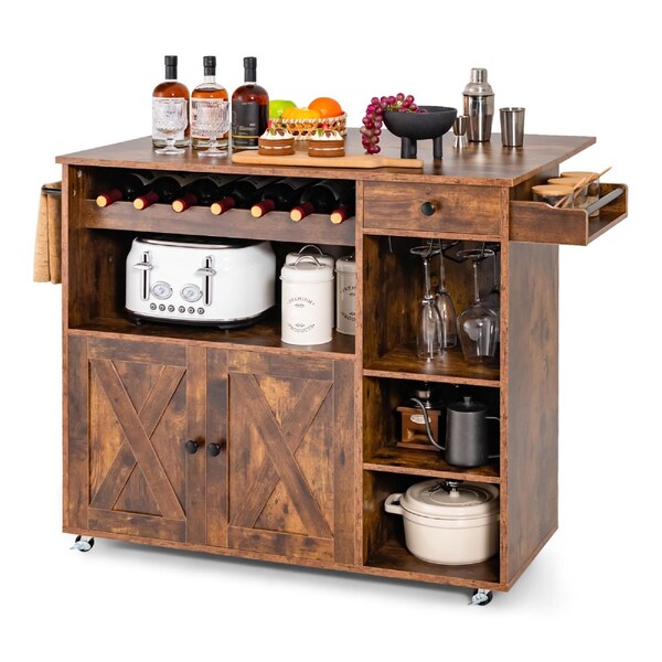 Costway Mobile Kitchen Island Trolley Buffet Serving Cart Wine Rack Shelf w/Glass Holder Rustic Brown