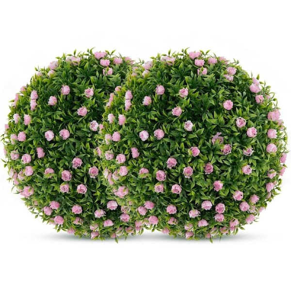 Costway 2 x Artificial Topiary Ball Faux Decorative Ball Faux Green Ball Plant Pink & Green