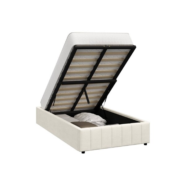 Oikiture Bed Frame King Single Gas Lift Storage Base Velvet Cream FURB