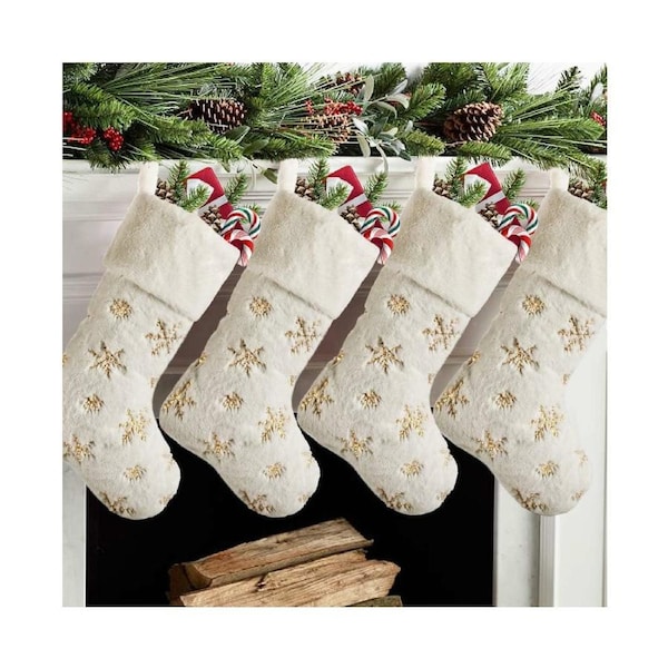 Christmas Stockings 4 Pack 19 Inch, Large Faux Fur Xmas Stocking with Gold Sequin Snowflakes
