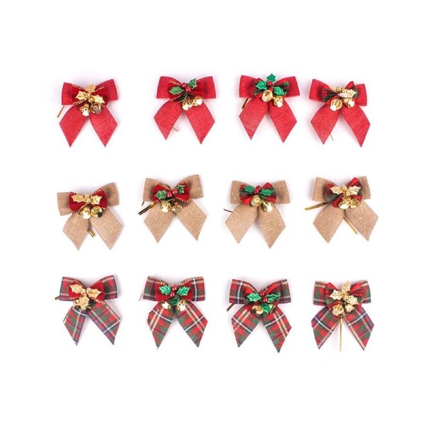 Christmas Bow Decoration, 12 Pack Christmas Tree Decorations - Christmas Ribbon Bows with Iron Bells for Christmas