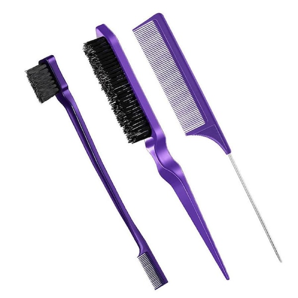 Beakey 3 Pcs Slick Back Hair Brush Set Bristle Hair Brush Edge Control Brush for Women Kids-Purple