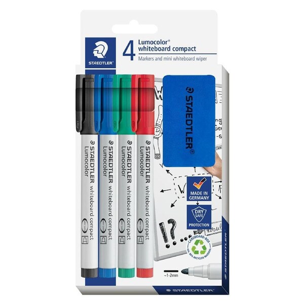 Staedtler Lumocolor Whiteboard Markers Compact Bullet Point 4 Pack Plus Mini Eraser