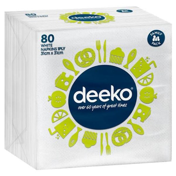 Deeko 1ply White Serviettes 80 Pack x 1