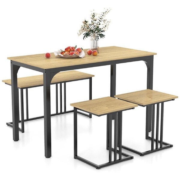 Costway 4PCS Dining Table Chair Set Industrial Metal Frame Table Bench & Stool Setting Furniture Natural