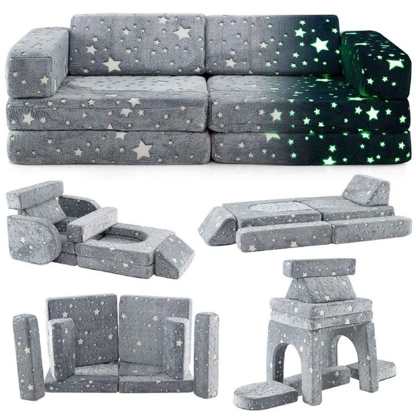 Giantex 10 Pcs Modular Play Couch w/Blanket & Flannel Cover Gaming Furniture Grey